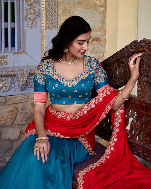 Teal Green Color Vichitra Silk Sequins Lehenga Choli