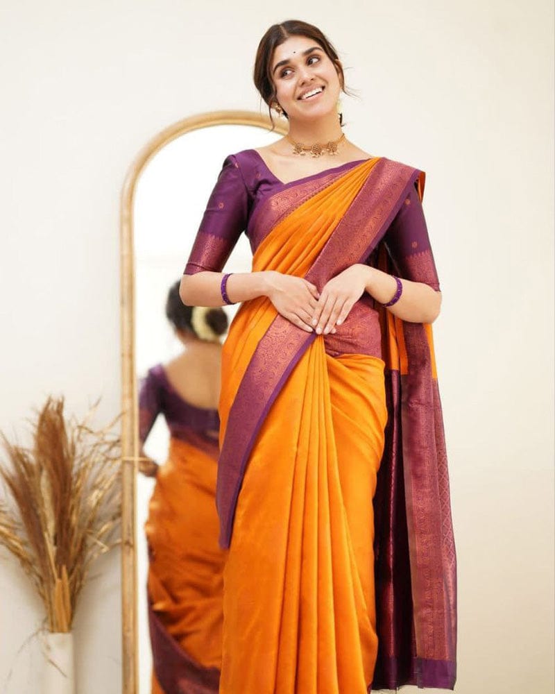 Orange Color Jacquard Print Banarasi Soft Silk Saree