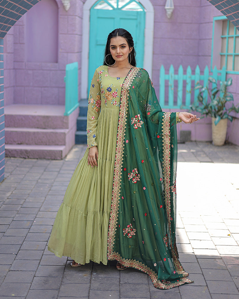 Pista Color Faux Georgette Designer Gown With Dupatta