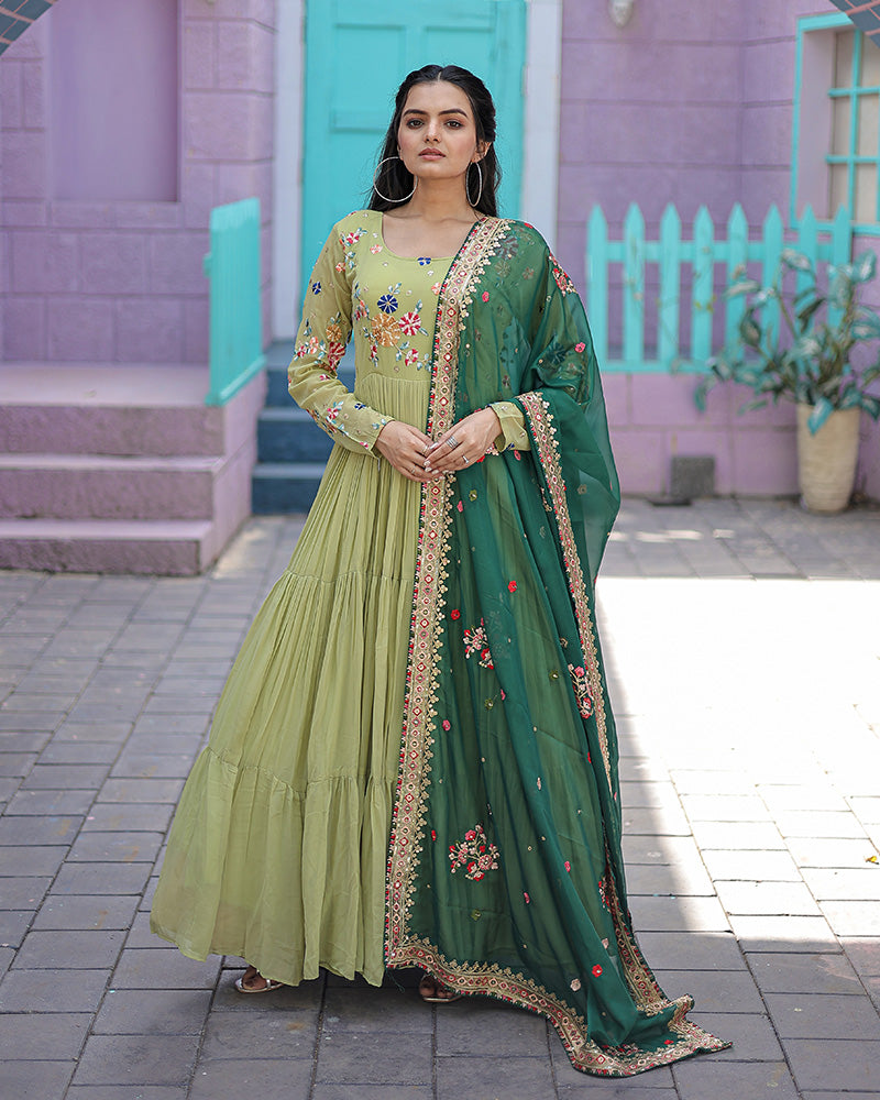 Pista Color Faux Georgette Designer Gown With Dupatta