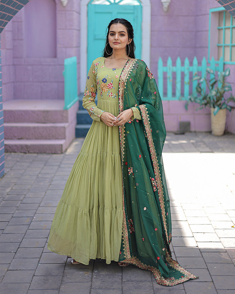 Pista Color Faux Georgette Designer Gown With Dupatta