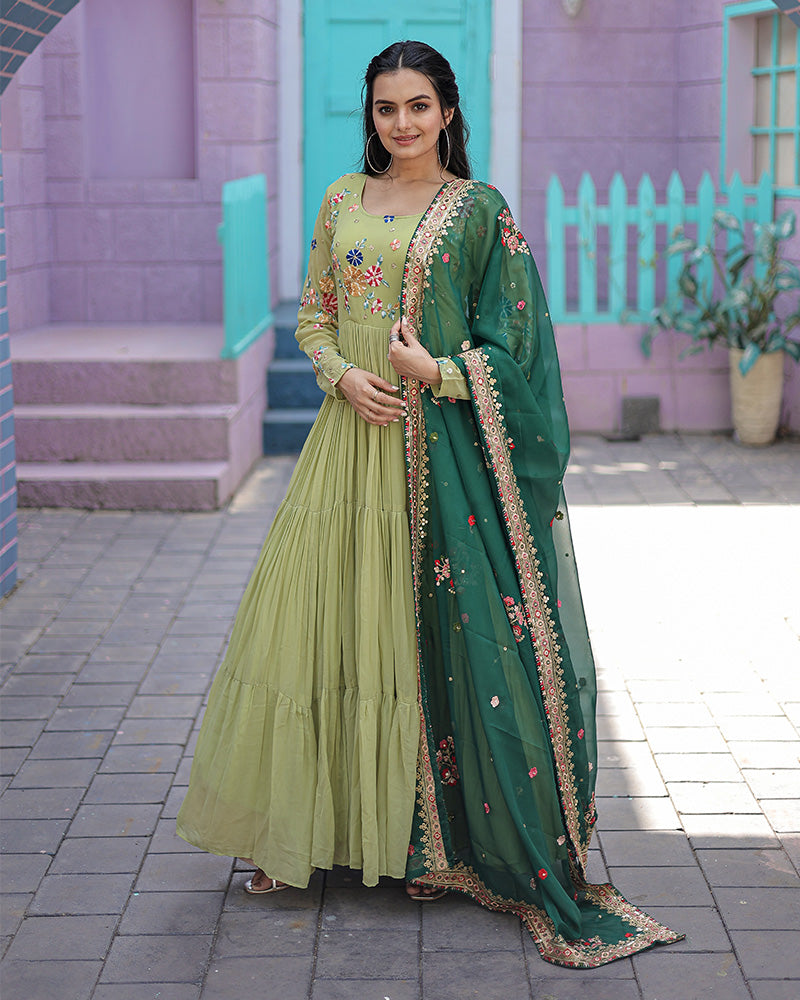 Pista Color Faux Georgette Designer Gown With Dupatta