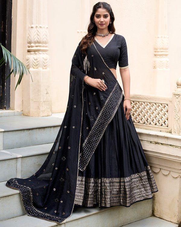 Black Color Pure Chanderi Plain Navratri Lehenga Choli
