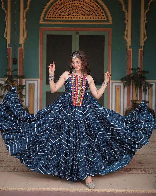 Rama Color Chinon Laheriya Print Navratri Gown