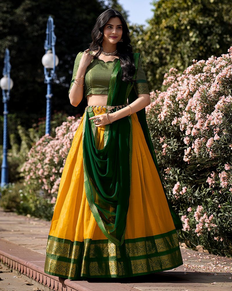 Yellow Color Kanchipuram Silk Designer Lehenga Choli