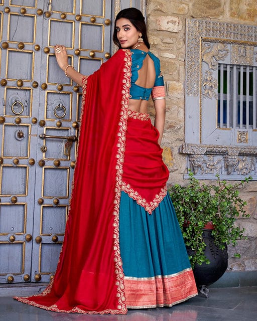 Teal Green Color Vichitra Silk Sequins Lehenga Choli