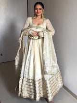 Off White Color Gown in Chinon Silk With Sequence Embroidery and Dupatta