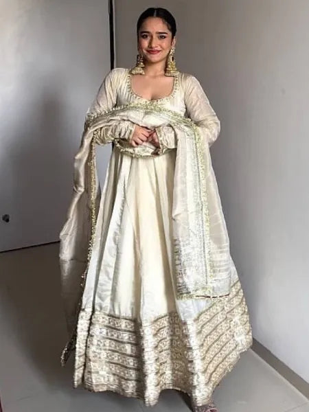 Off White Color Gown in Chinon Silk With Sequence Embroidery and Dupatta