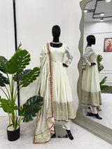 Off White Color Gown in Chinon Silk With Sequence Embroidery and Dupatta