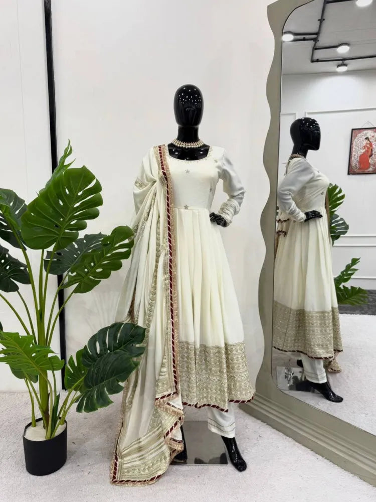 Off White Color Gown in Chinon Silk With Sequence Embroidery and Dupatta
