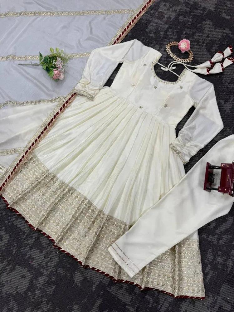 Off White Color Gown in Chinon Silk With Sequence Embroidery and Dupatta