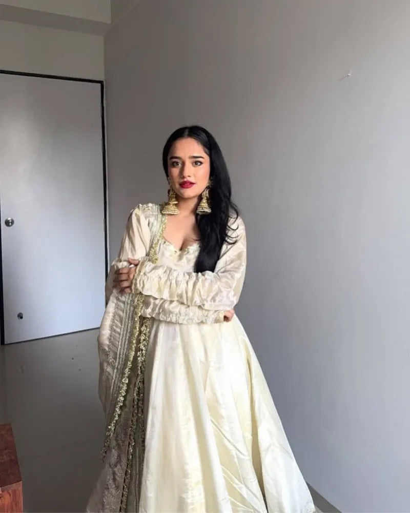 Off White Color Gown in Chinon Silk With Sequence Embroidery and Dupatta