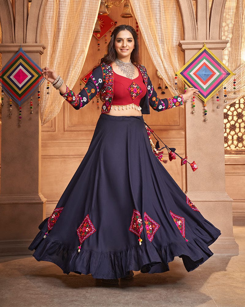 Navy Blue Color Viscose Rayon Threaded Fully Stitched Navratri Lehenga Choli
