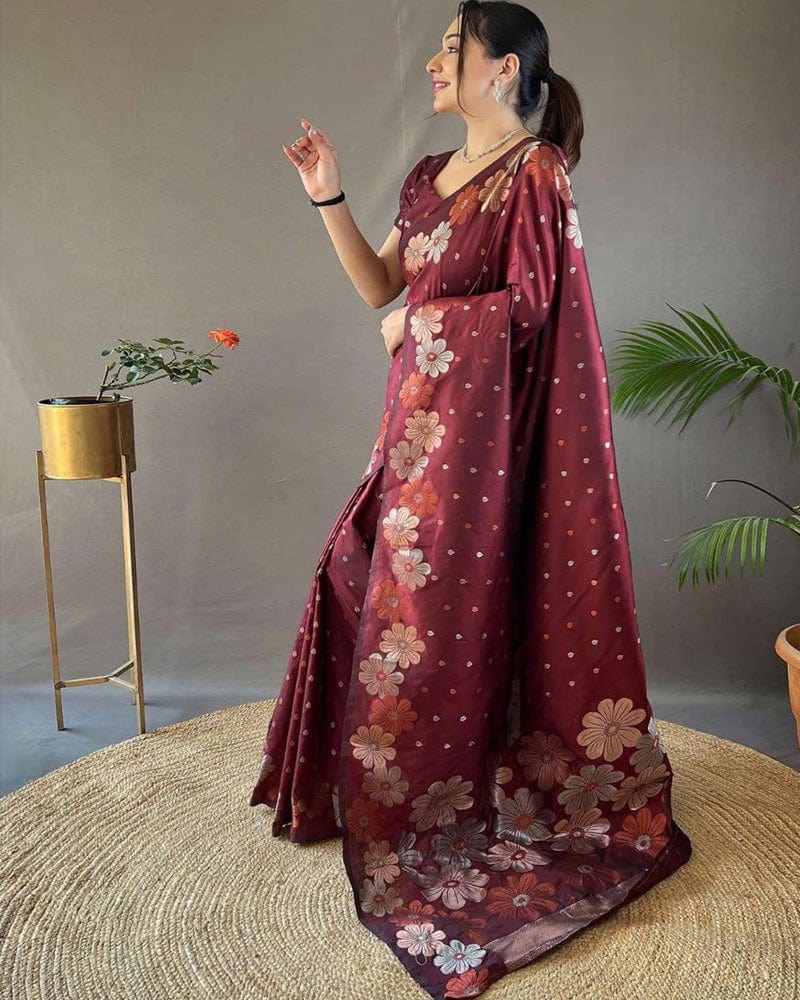 Jacquard Design Maroon color Soft Lichi Silk Saree