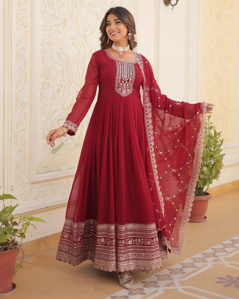 Maroon Color Faux Blooming Rich Sequence Embroidered Gown
