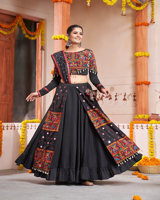 Black Color Viscose Rayon Thread And Mirror Work Fully Stitched Navratri Lehenga Choli