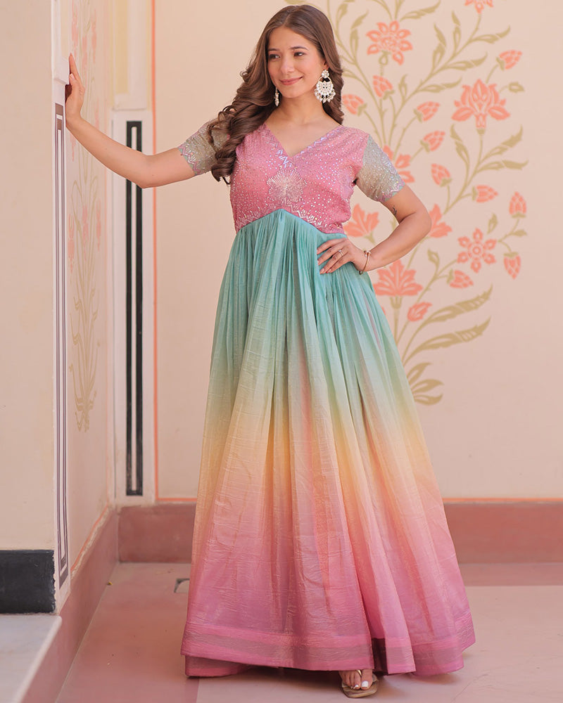 Puce pink Color Gold Crush Embroidered work Gown