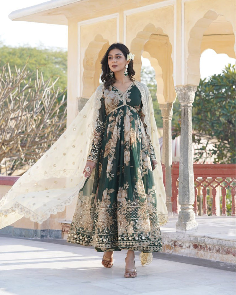 Designer Wedding Wear Printed Olive Green Color Gown With Dupatta