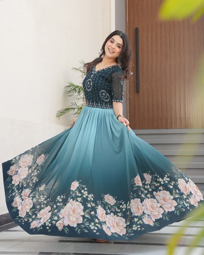 Rama Color Faux Blooming Embroidered work Gown