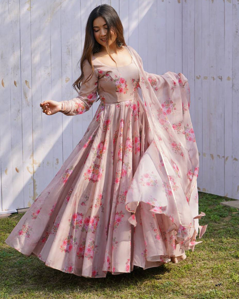 Light Chocolate Color Floral Print Soft Organza Silk Kali Cut Anarkali Suit