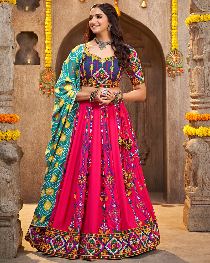 Deep Pink Color Viscose Rayon Mirror Work Navratri Lehenga Choli