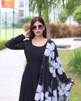 Black Color Soft Georgette Anarkali Gown With Floral Printed Dupatta