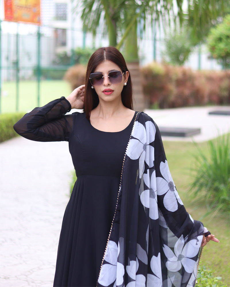 Black Color Soft Georgette Anarkali Gown With Floral Printed Dupatta