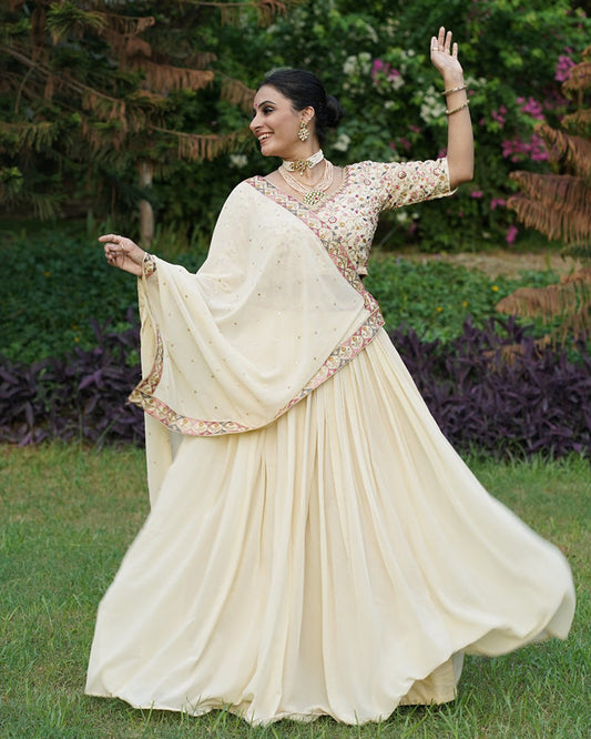 Off-White Color Georgette Thread Embroidered Lehenga Choli