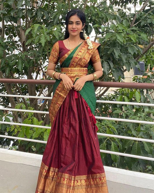 Sindhu Sampath Kumar South Indian Style Narayan Pet Cotton Maroon Colour Semi Stitched Lehenga Choli