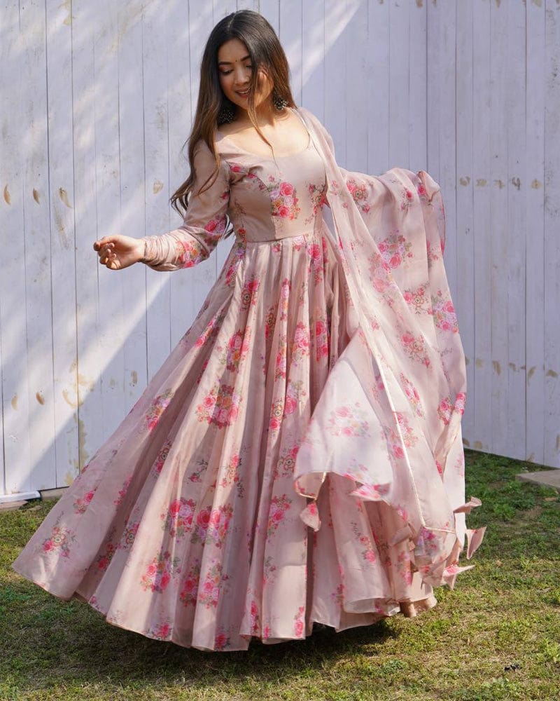 Light Chocolate Color Floral Print Soft Organza Silk Kali Cut Anarkali Suit