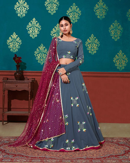 Blue Magenta Color Georgette Semi Stitched Lehenga Choli
