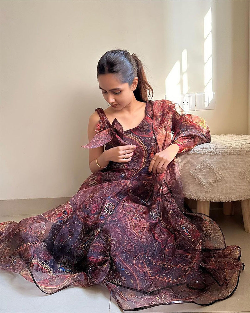 Brown Color Printed Soft Organza Anarkali Three Piece Suit