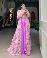 Lavender Color Georgette Printed Shrug With Plazzo Suit