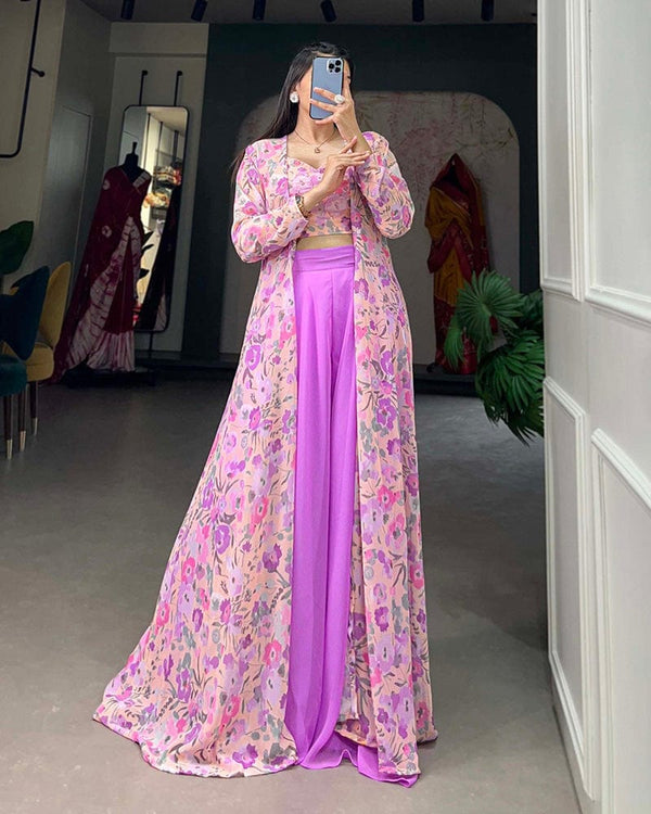 Lavender Color Georgette Printed Shrug With Plazzo Suit