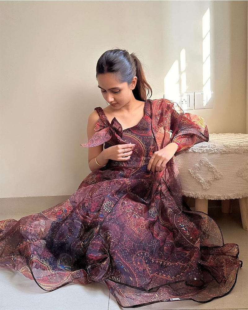 Brown Color Printed Soft Organza Anarkali Three Piece Suit