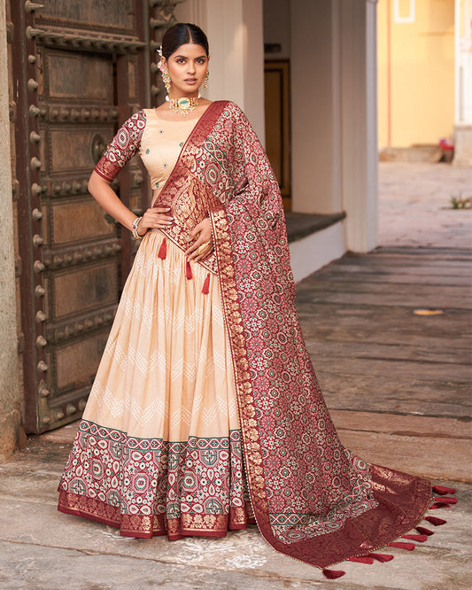 Designer Off White Color Ajarakh Print Silk Lehenga Choli