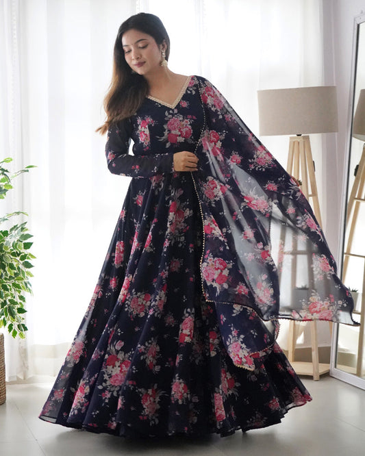 Floral Navy Blue Color Pure Soft Georgette Anarkali Suit