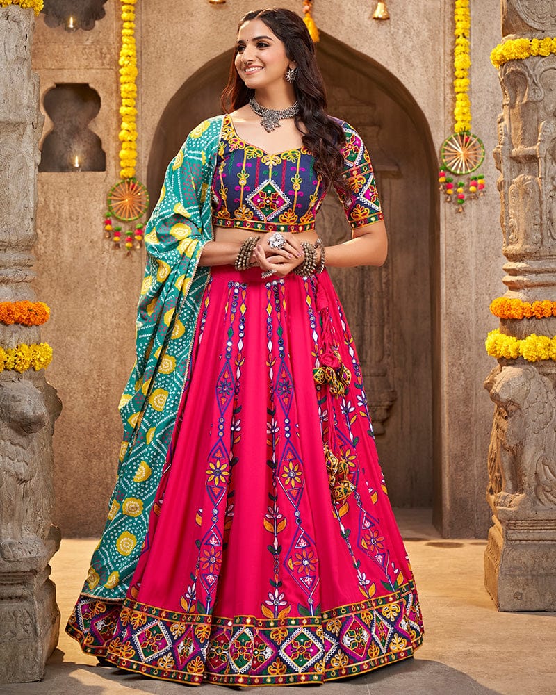 Deep Pink Color Viscose Rayon Mirror Work Navratri Lehenga Choli