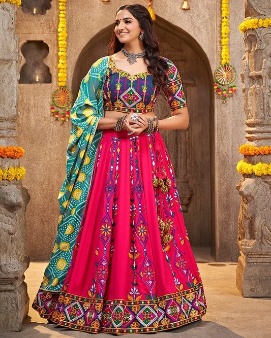 Deep Pink Color Viscose Rayon Mirror Work Navratri Lehenga Choli