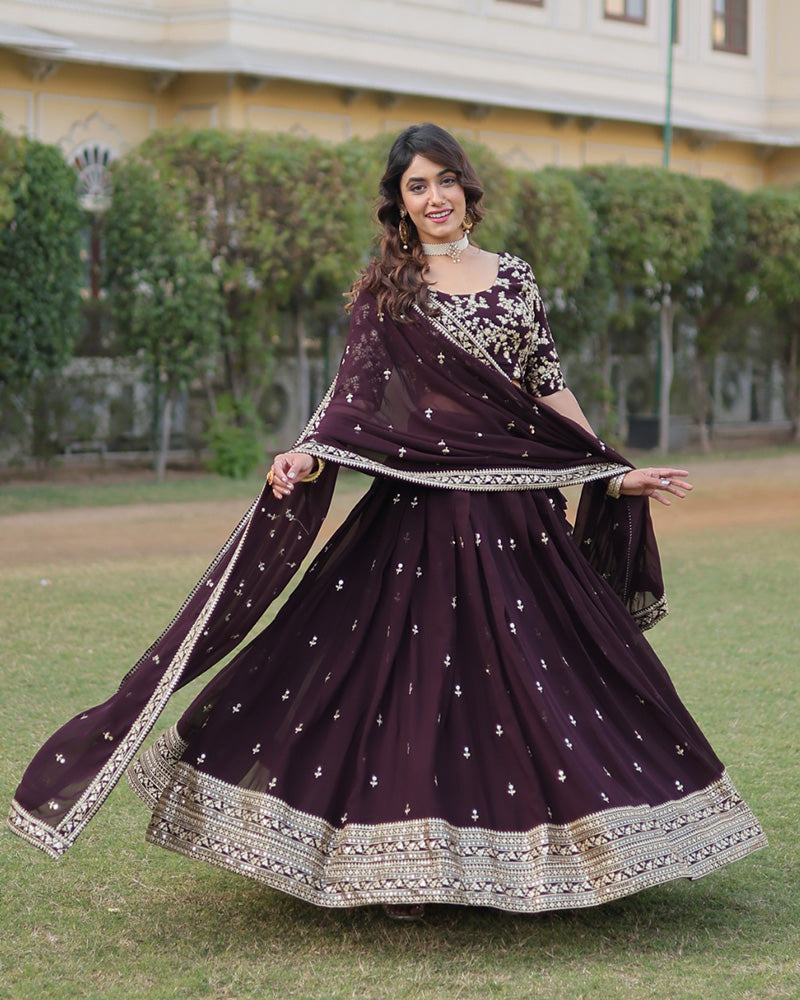 Wedding Wear Dark Wine Color Designer Blooming Lehenga Choli
