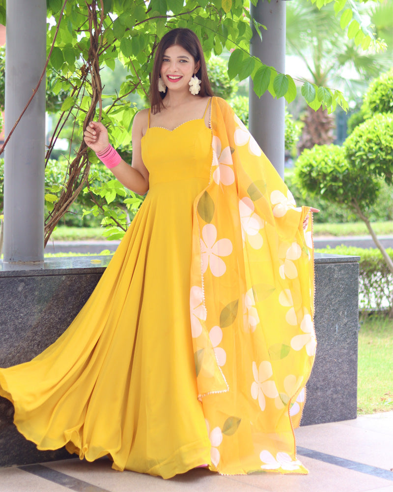 Mustard Yellow Color Soft Georgette Anarkali Gown With Floral Printed Dupatta