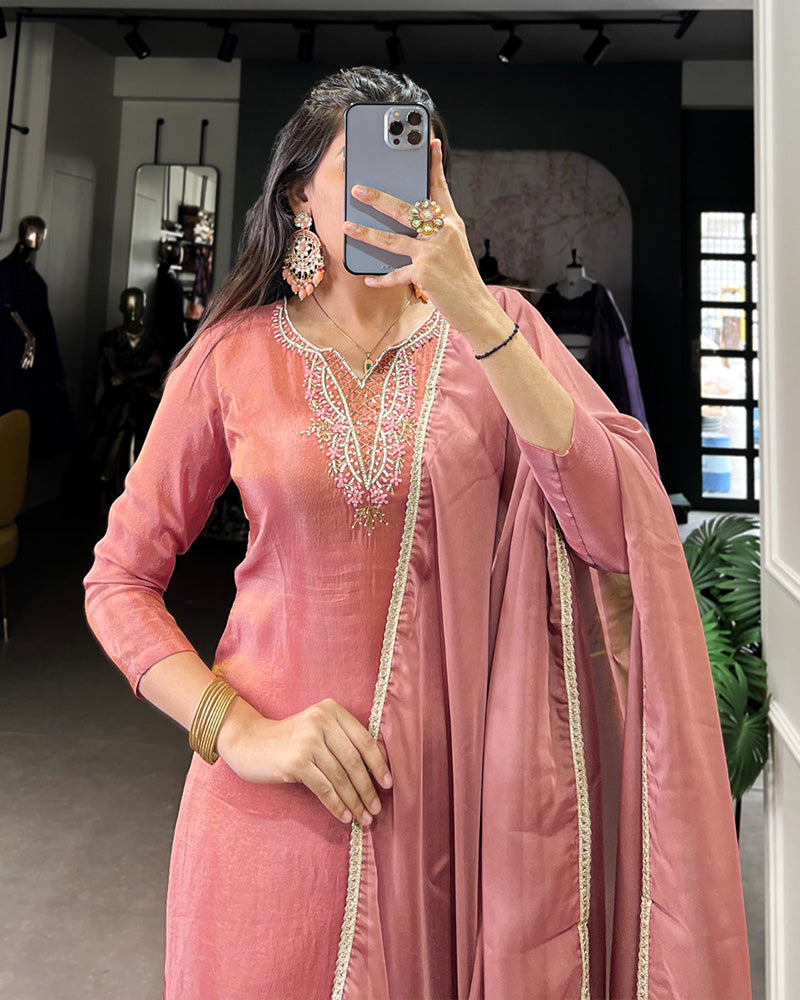 Peach Color Viscose Tissue Three Piece Kurti Suit