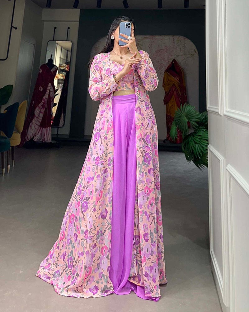 Lavender Color Georgette Printed Shrug With Plazzo Suit