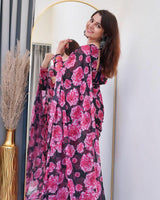 Neha Bagga Floral Wine Colour Chiffon Pre Drapped Saree