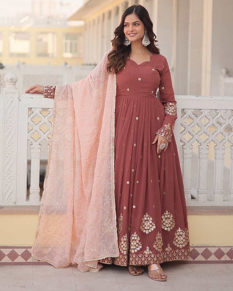 Chocolate Color Full Floor Length Anarkali Gown With Sequence Embroidery Dupatta