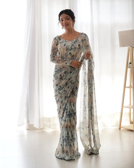 Floral Cream Off White Colour Chiffon Pre Drapped Saree