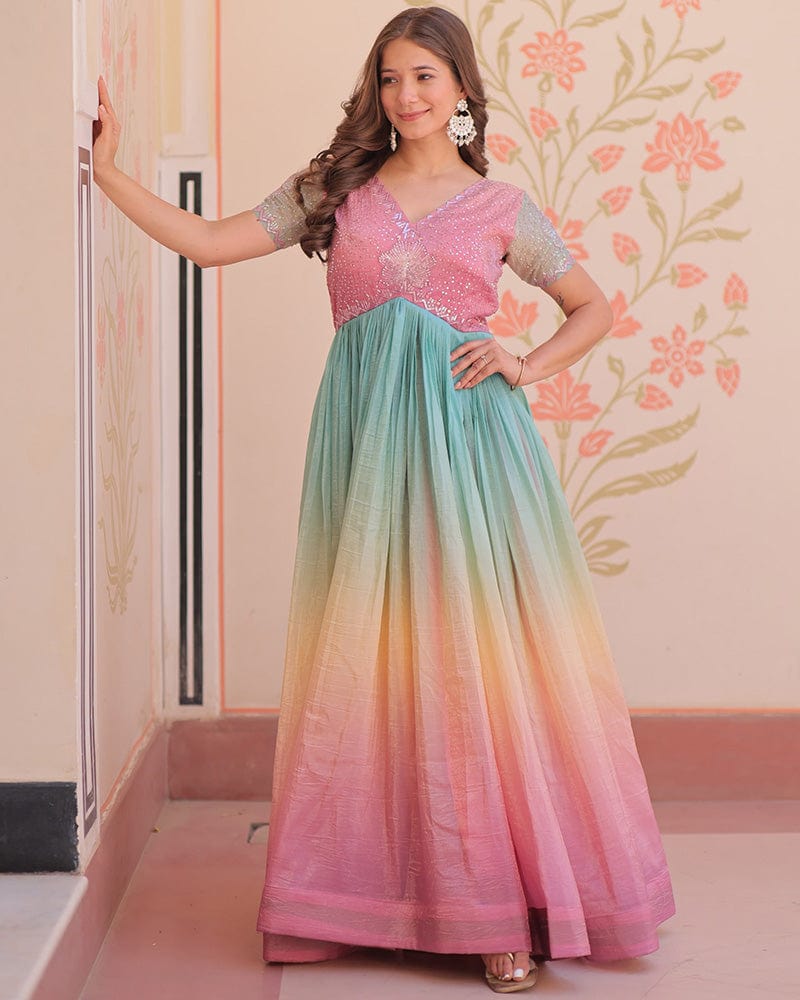 Puce pink Color Gold Crush Embroidered work Gown