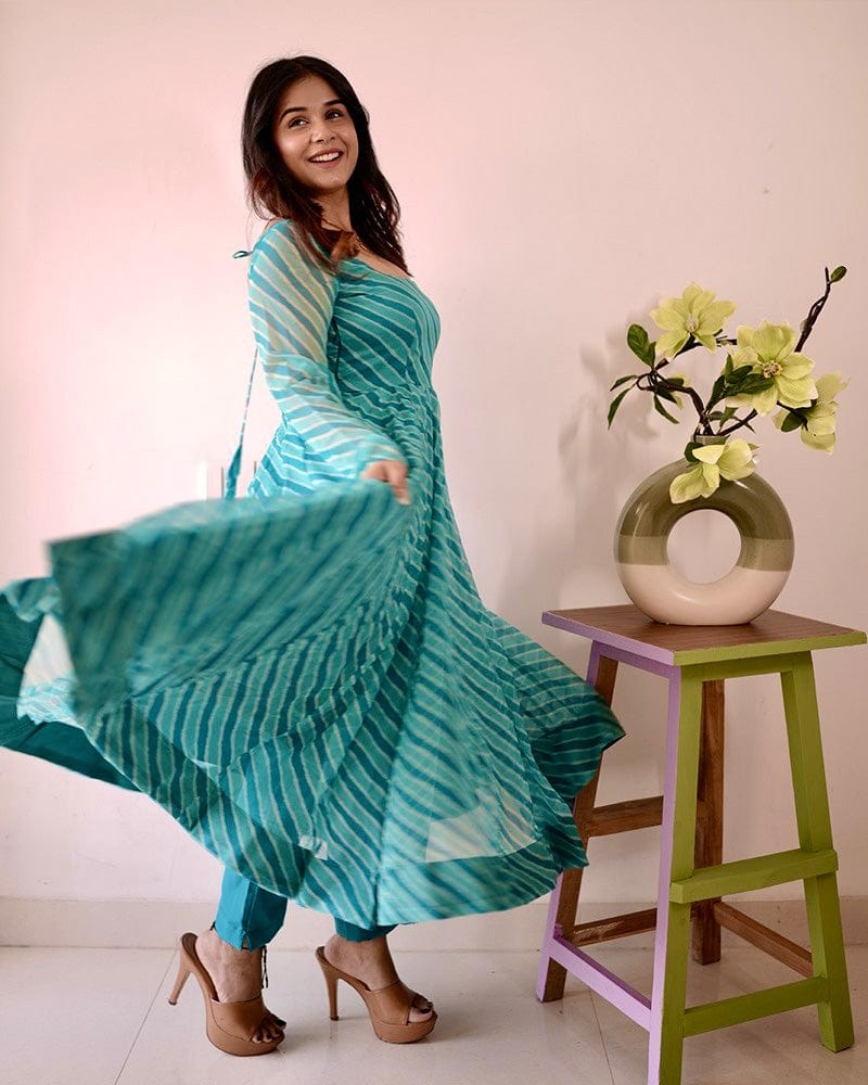 Firozi Color Laheriya Print Tabby Organza Anarkali Suit