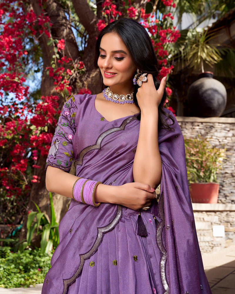 Lavender Color Vichitra Silk Thread Embroidered Lehenga Choli