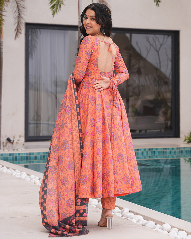 Orange Color Printed Soft Cotton Three Piece Anarkali Suit